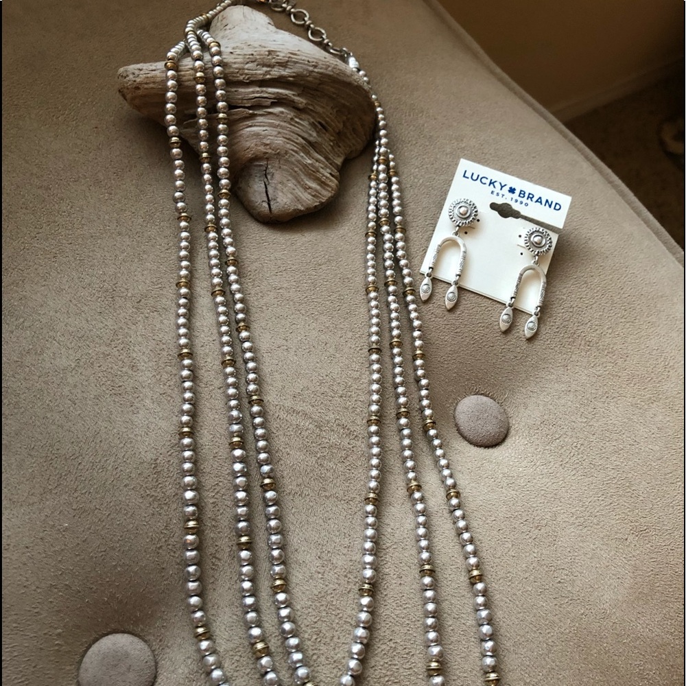 Lucky brand silver bead necklace drop earrings NWT